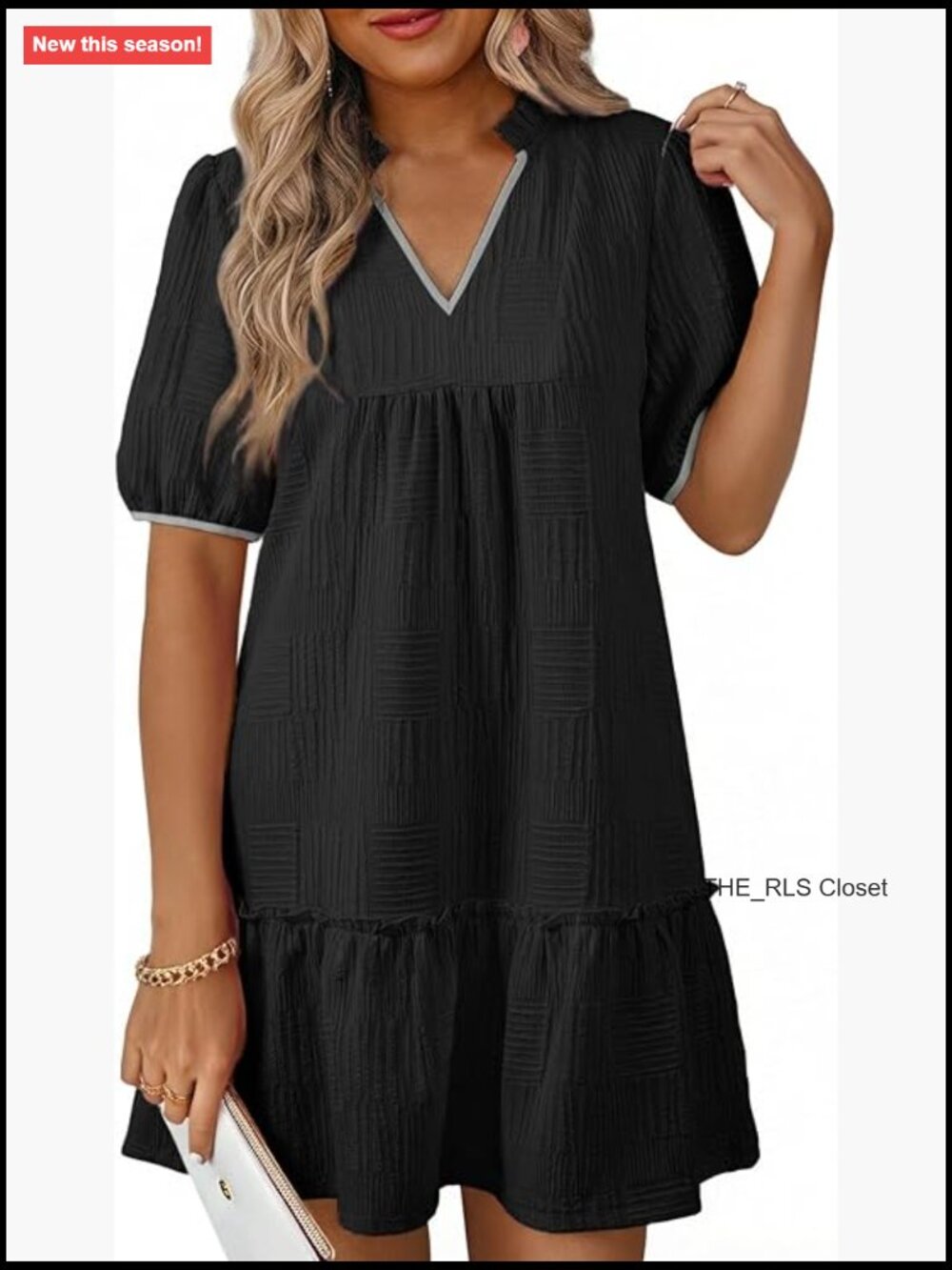 V Neck Puff Short Sleeve Babydoll Mini Dress With Pockets